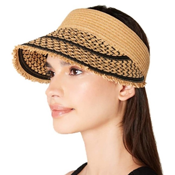 INC Printed Tweed Stripe Frayed Edge Visor Black Natural Straw OS - Picture 1 of 5